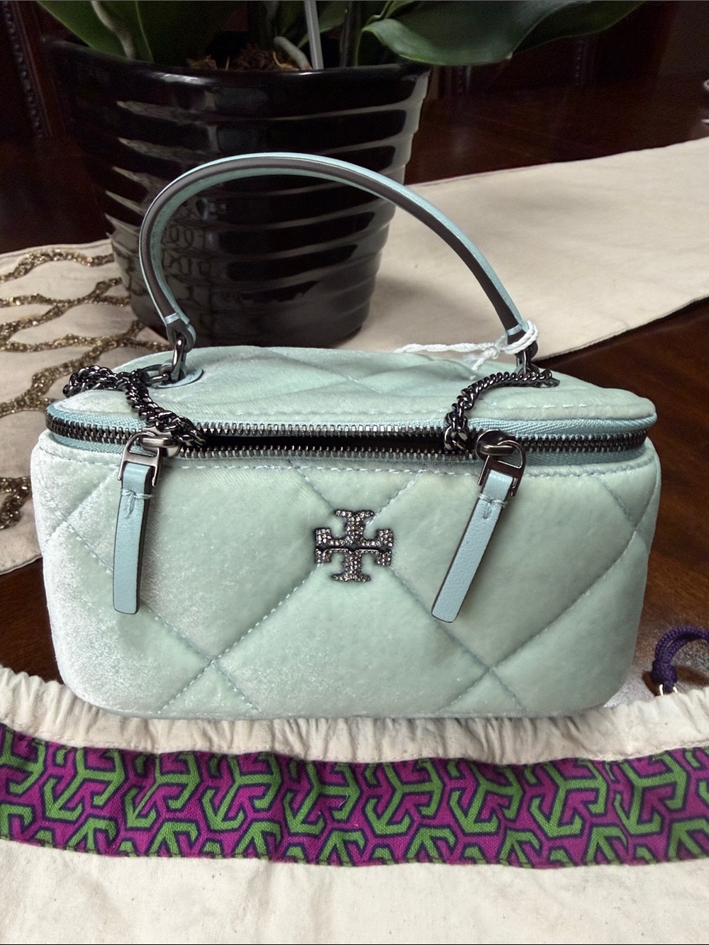 Tory Burch Mint Quilted Velvet Top-Handle Mini Bag